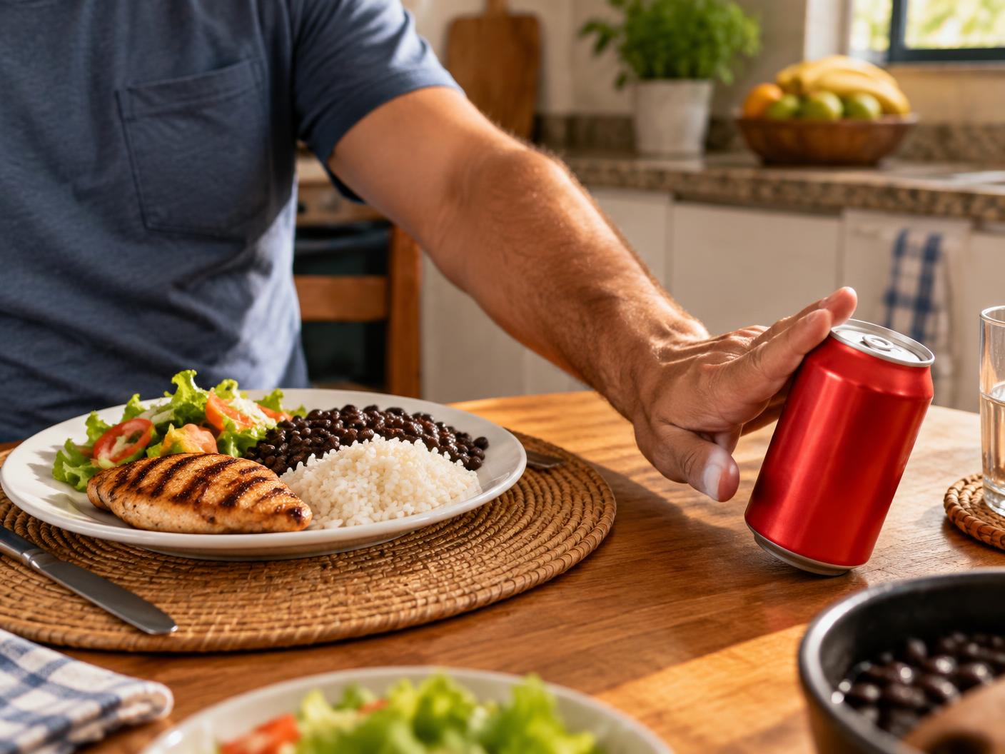 Mão de homem afastando uma lata de refrigerante na mesa do almoço